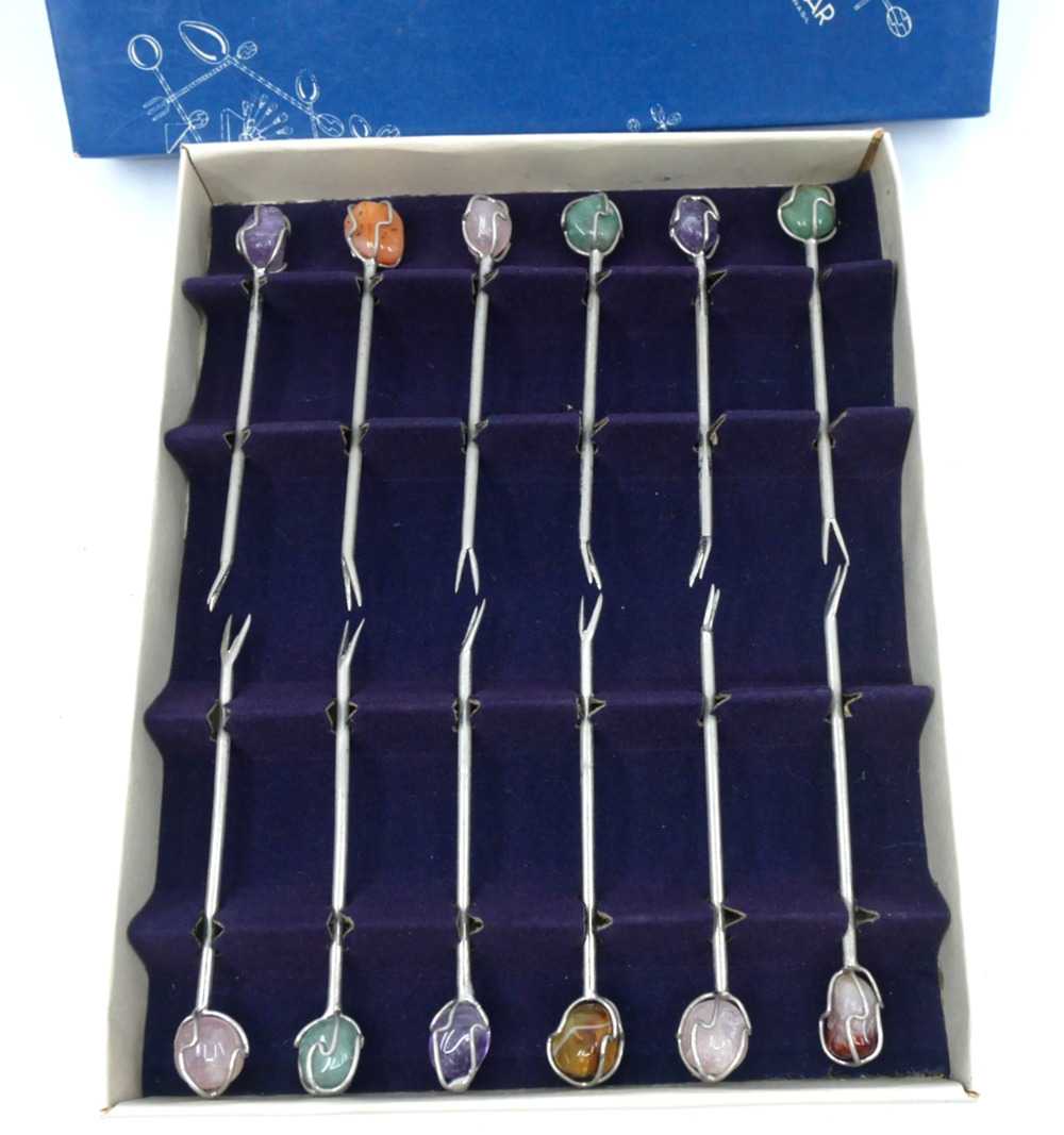 Vintage Barasch Sylmar Set of 12 Gem Stone Appetizer Picks Barware With Box